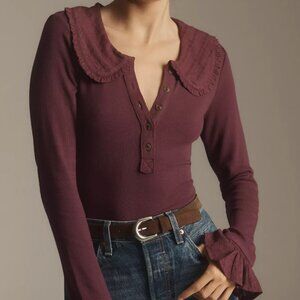 The Keira Collared Button-Front Blouse by Pilcro: Long-Sleeve Edition in Maroon